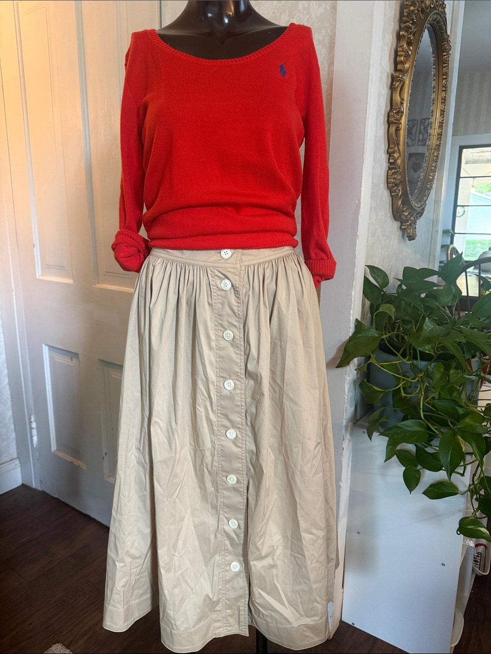 Lauren Ralph Lauren Tan Gathered Button Up Full Midi Skirt Sz 8 - Picture 2 of 8